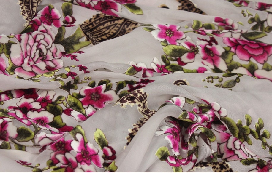 SULIWEN - Paisley and Pink Floral Sheer Burnout Silk Velvet Fabric - 114cm wide by the Yard