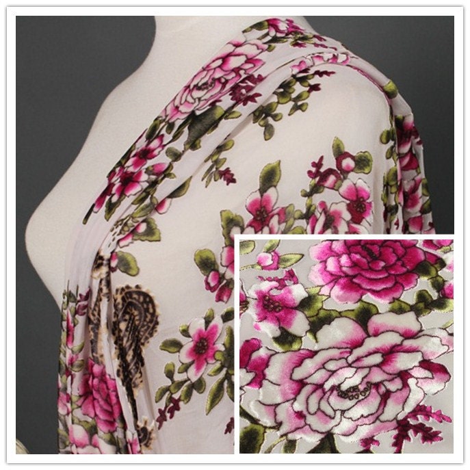 SULIWEN - Paisley and Pink Floral Sheer Burnout Silk Velvet Fabric - 114cm wide by the Yard