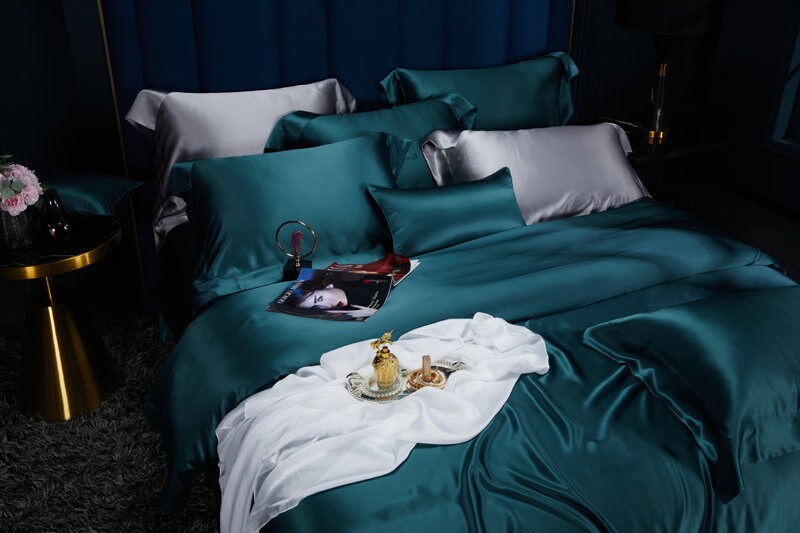 PEACOCK BLUE - 30 Momme Mulberry Silk Bedding, Silk Duvet Cover, Silk Fitted Sheet, Silk Flat Sheet, Silk Pillowcase, 100% SILK