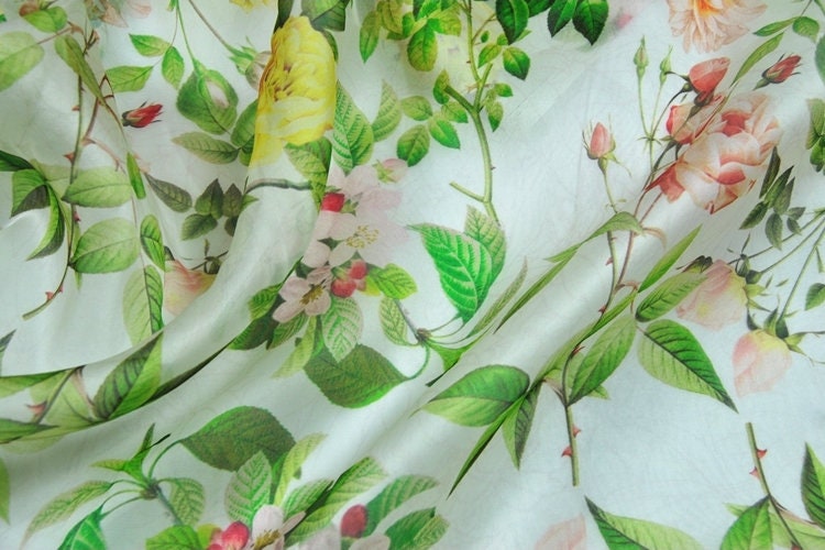 WANHUA - Floral Print Silk Organza Satin Fabric - By the Yard