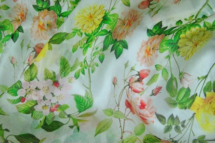 WANHUA - Floral Print Silk Organza Satin Fabric - By the Yard