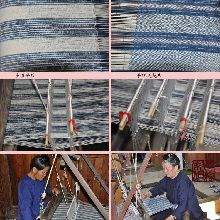 INTIAOWEN - Natural Indigo dyes Hand Woven Pinstripes Cotton Fabric-By the Yard