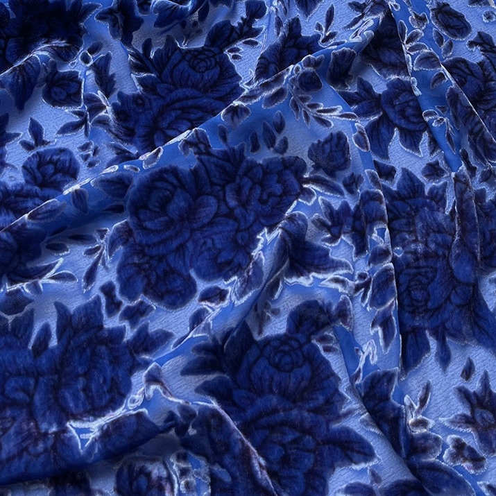 DILAN - Blue Peony Sheer Burnout Silk Velvet Fabric - 114cm wide by the Yard