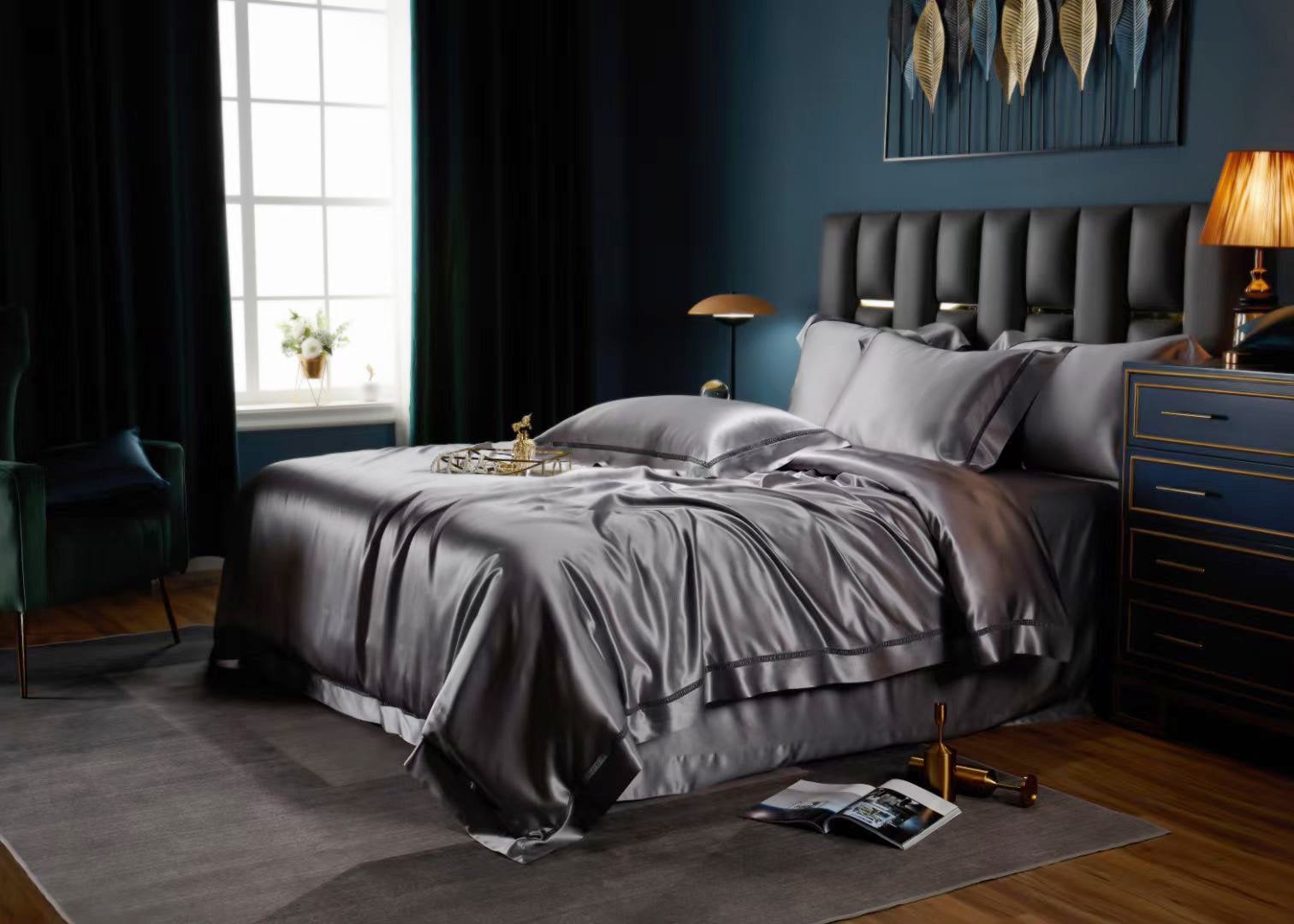 SMOKY GRAY - 25 momme Lace Silk bedding Set 4pcs - 1x Duvet Cover, 1x Sheet, 2x Pillowcases, 100% SILK
