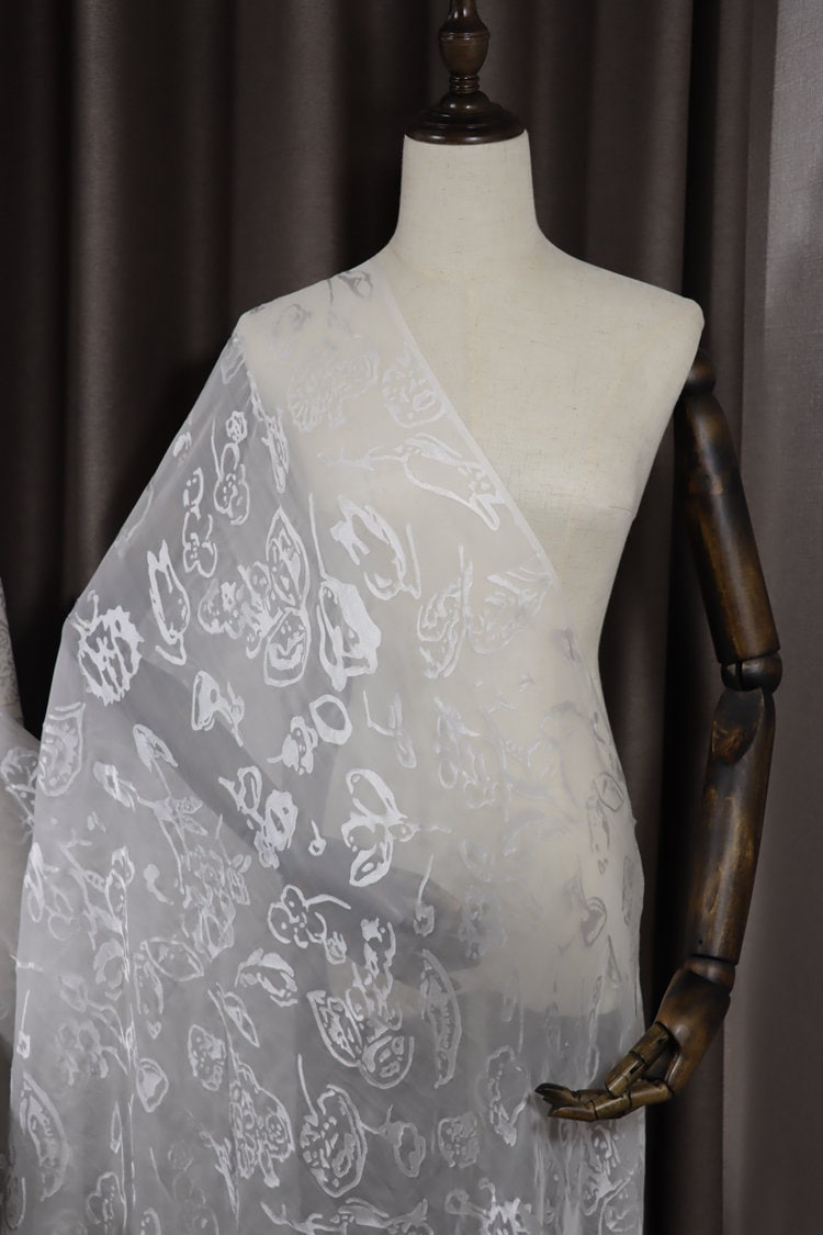 BAISHU - Flowers Sheer Burnout Silk Devore Satin Fabric - 114cm wide by the Yard