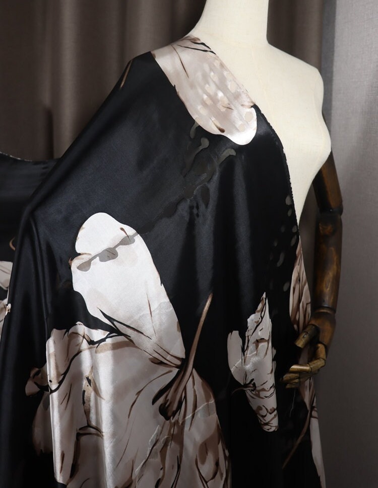 HERONG - Flowers Sheer Burnout Silk Devore Satin Fabric - 140cm wide by the Yard