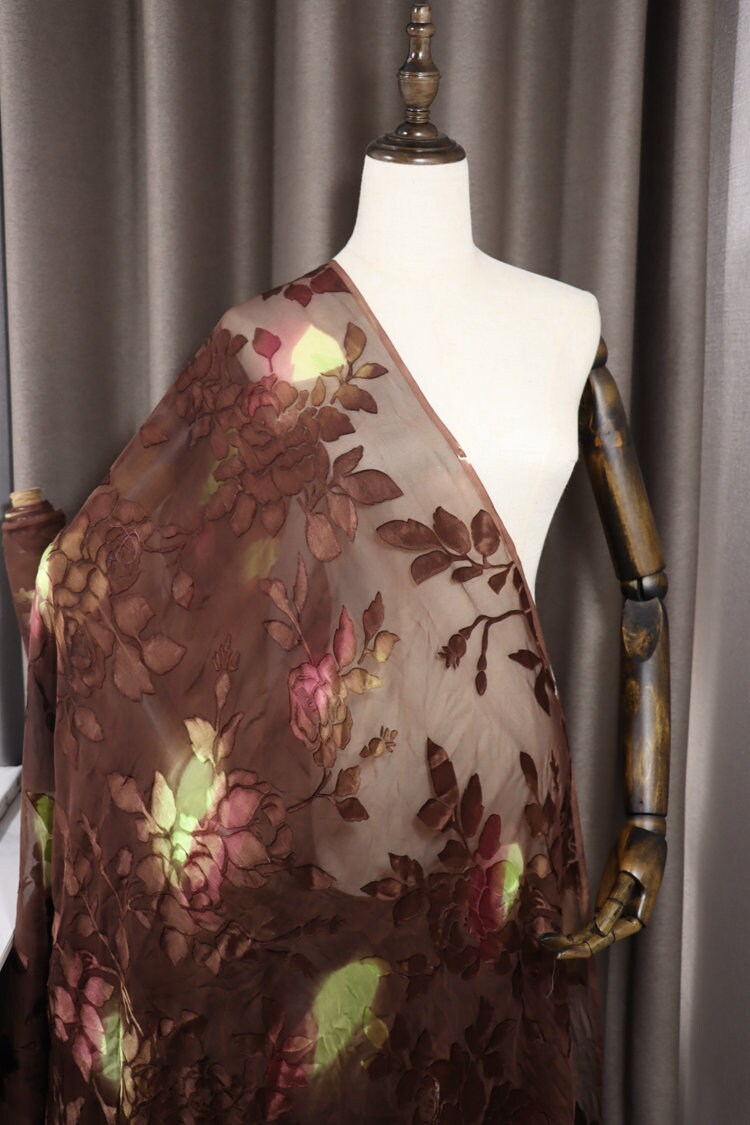 YUNLIAN - Flowers Sheer Burnout Silk Devore Satin Fabric - 114cm wide by the Yard