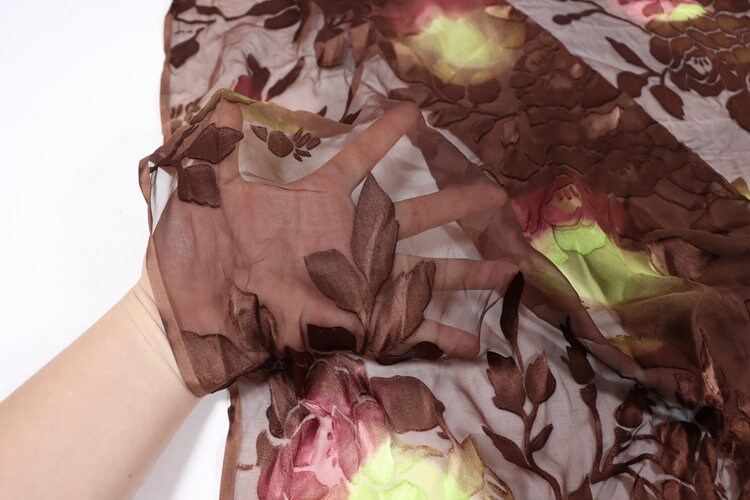 YUNLIAN - Flowers Sheer Burnout Silk Devore Satin Fabric - 114cm wide by the Yard