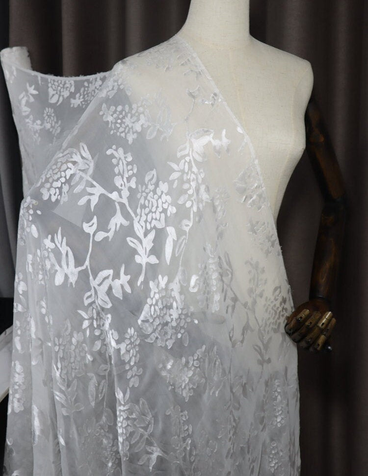 BXIUQIU - Flowers Sheer Burnout Silk Devore Satin Fabric - 140cm wide by the Yard