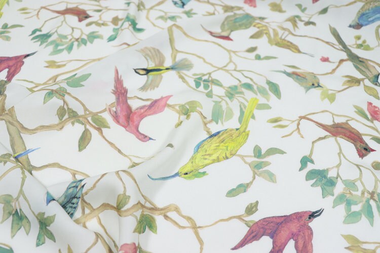 ZTNIAO - 14 Momme Floral Bird Print Double Joe Silk Fabric - 114cm wide by the Yard