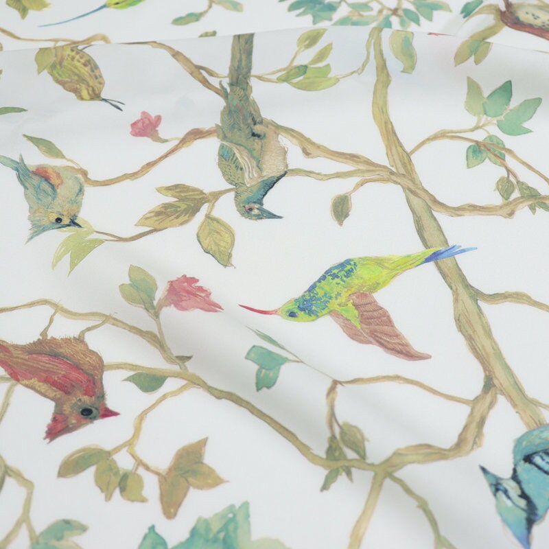 ZTNIAO - 14 Momme Floral Bird Print Double Joe Silk Fabric - 114cm wide by the Yard