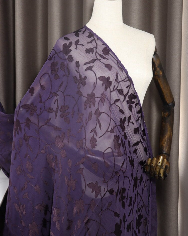 HANLIAN - Flowers Sheer Burnout Silk Devore Satin Fabric - 140cm wide by the Yard