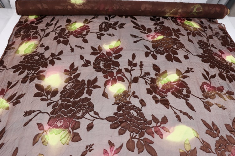 YUNLIAN - Flowers Sheer Burnout Silk Devore Satin Fabric - 114cm wide by the Yard
