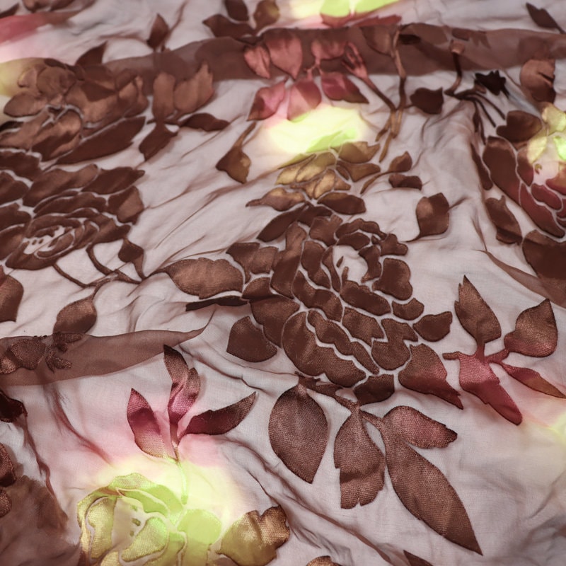 YUNLIAN - Flowers Sheer Burnout Silk Devore Satin Fabric - 114cm wide by the Yard