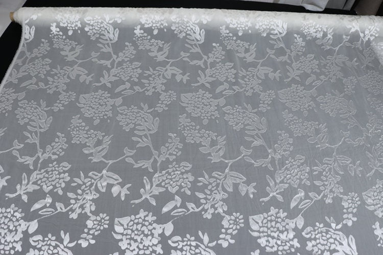 BXIUQIU - Flowers Sheer Burnout Silk Devore Satin Fabric - 140cm wide by the Yard