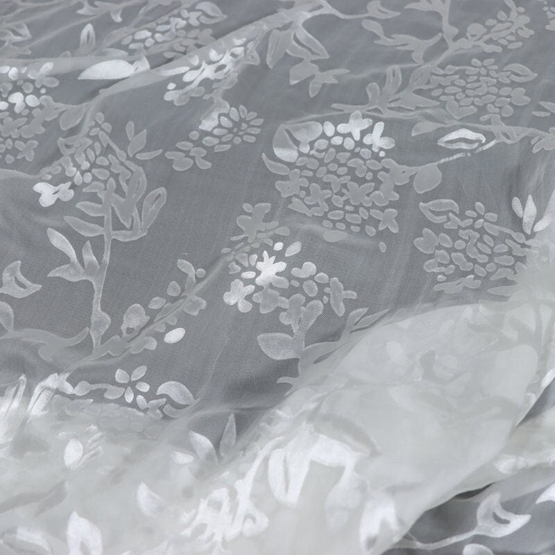 BXIUQIU - Flowers Sheer Burnout Silk Devore Satin Fabric - 140cm wide by the Yard