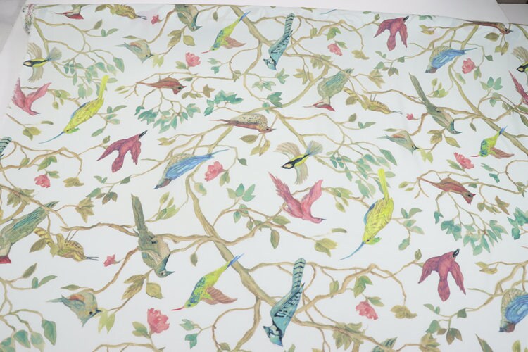 ZTNIAO - 14 Momme Floral Bird Print Double Joe Silk Fabric - 114cm wide by the Yard