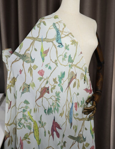 ZTNIAO - 14 Momme Floral Bird Print Double Joe Silk Fabric - 114cm wide by the Yard