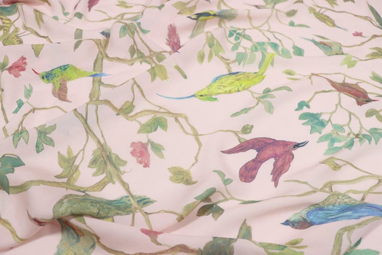 DFNIAO - 14 Momme Floral Bird Print Double Joe Silk Fabric - 114cm wide by the Yard