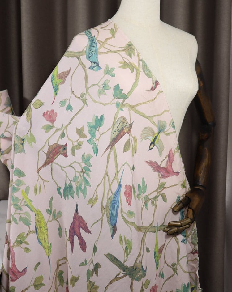 DFNIAO - 14 Momme Floral Bird Print Double Joe Silk Fabric - 114cm wide by the Yard