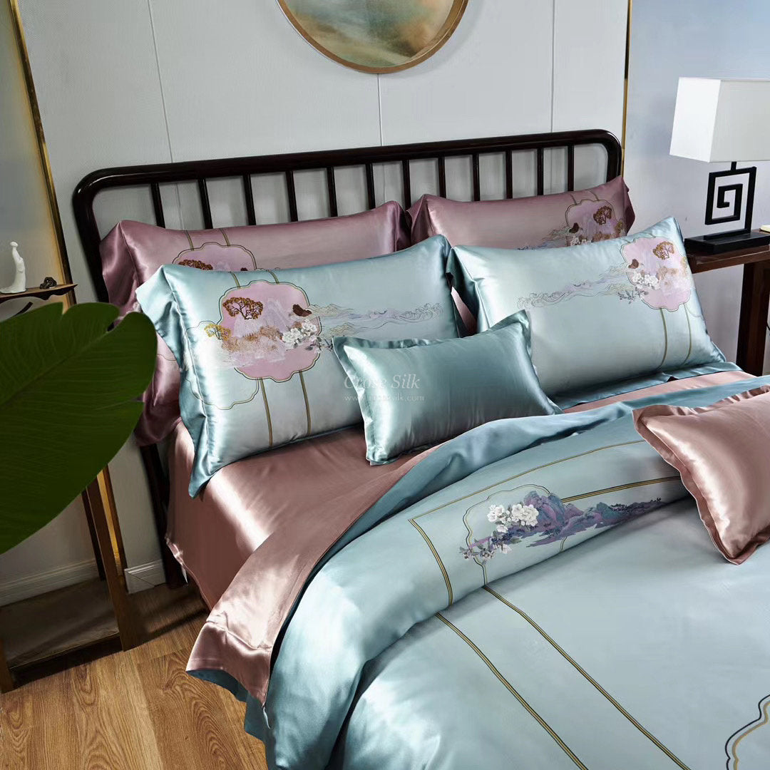 SCENERY BLUE - 25 Momme Mulberry Silk Bedding,Silk Duvet Cover, Silk Fitted Sheet, Silk Flat Sheet, Silk Pillowcase, 100% SILK