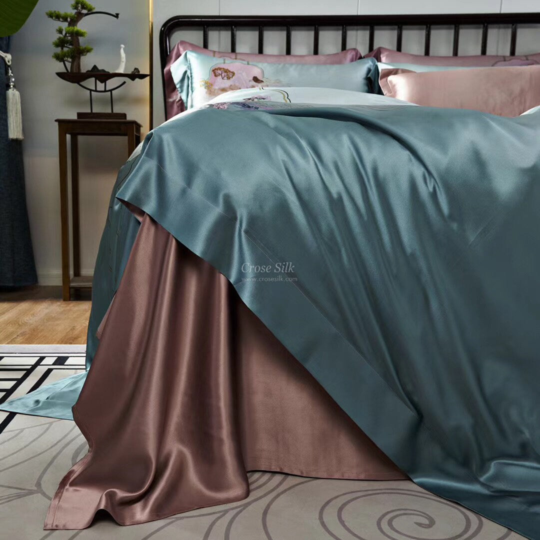 SCENERY BLUE - 25 Momme Mulberry Silk Bedding,Silk Duvet Cover, Silk Fitted Sheet, Silk Flat Sheet, Silk Pillowcase, 100% SILK