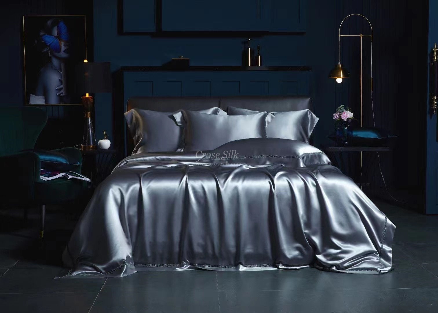 GRAY BLUE- 30 momme Lace Silk bedding Set 4pcs - 1x Duvet Cover, 1x Sheet, 2x Pillowcases, 100% SILK