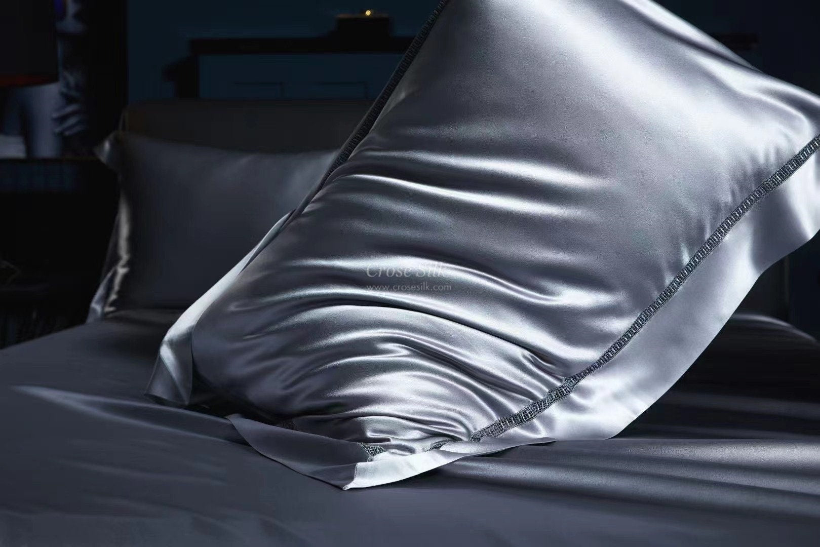 GRAY BLUE- 30 momme Lace Silk bedding Set 4pcs - 1x Duvet Cover, 1x Sheet, 2x Pillowcases, 100% SILK