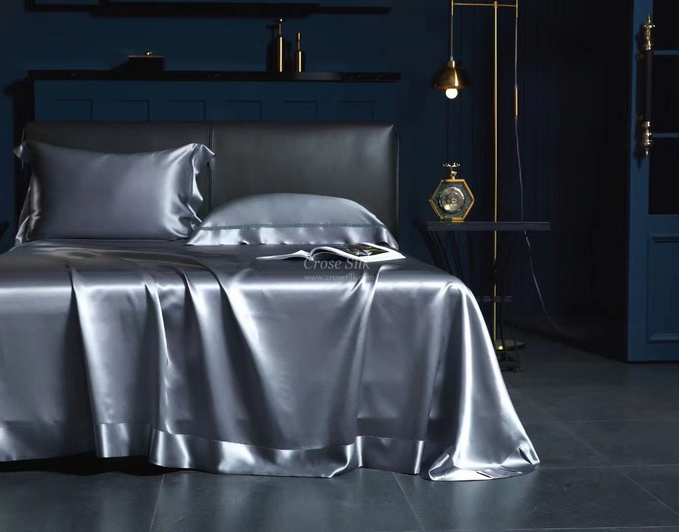 GRAY BLUE- 30 momme Lace Silk bedding Set 4pcs - 1x Duvet Cover, 1x Sheet, 2x Pillowcases, 100% SILK