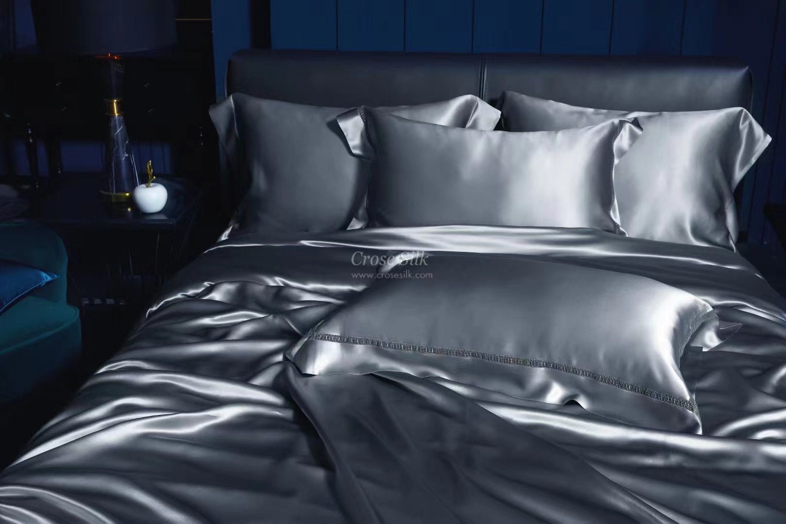 GRAY BLUE- 30 momme Lace Silk bedding Set 4pcs - 1x Duvet Cover, 1x Sheet, 2x Pillowcases, 100% SILK