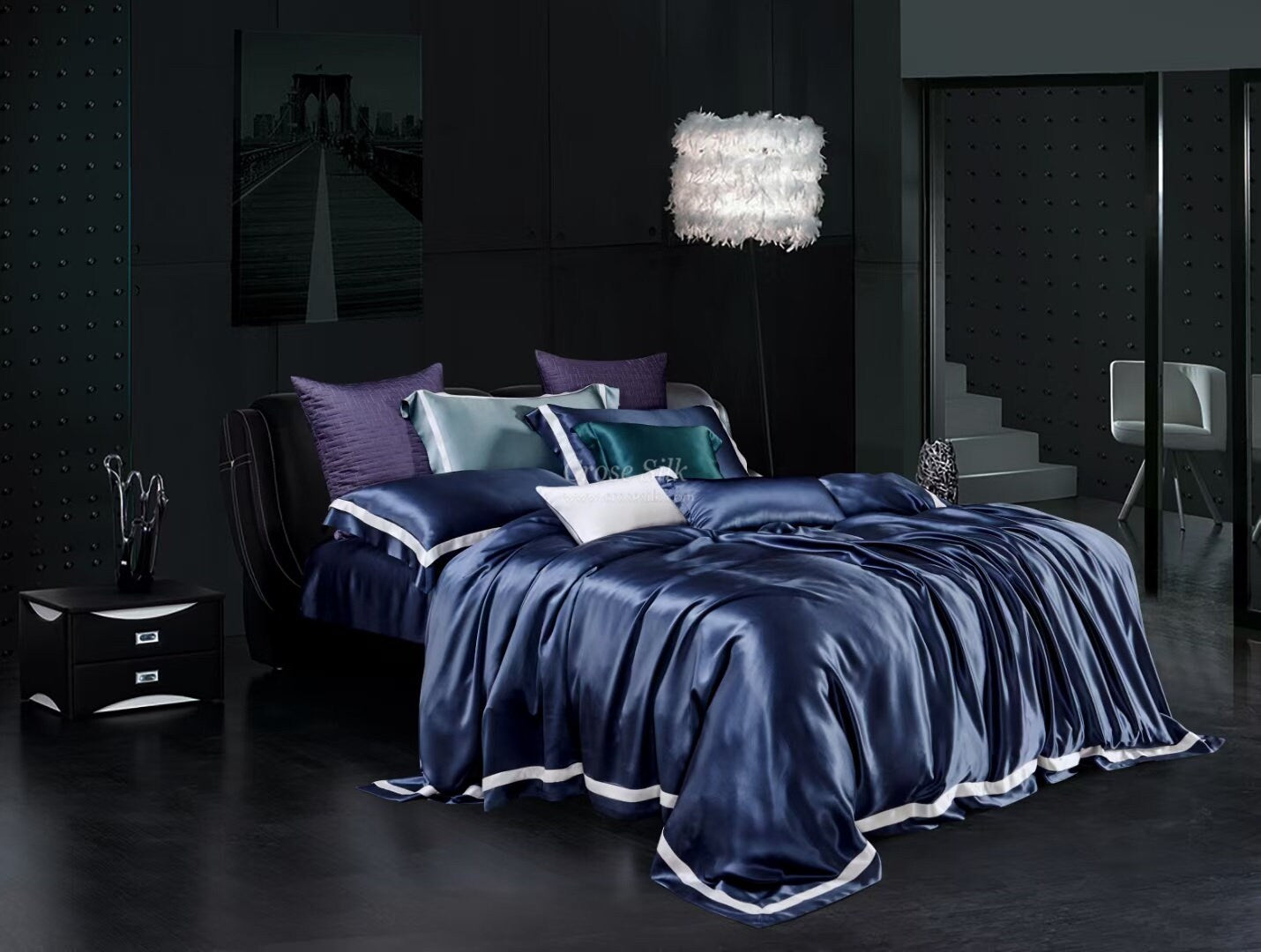 OCEANA - FOSSIL - 25 Momme Flying Edge Purfle Silk Bedding Set 4pcs