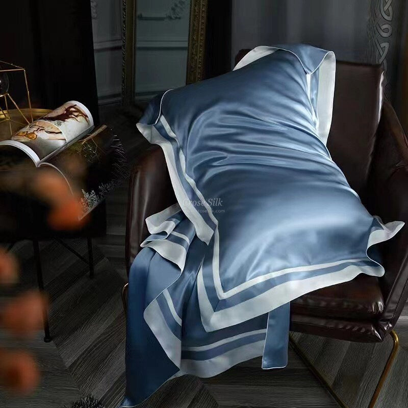 DUSTY BLUE - 25 Momme Flying Edge Purfle Silk Bedding Set 4pcs