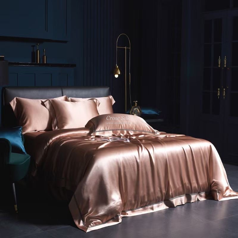 SWEET PINK - 25 momme Lace Silk bedding Set 4pcs - 1x Duvet Cover, 1x Sheet, 2x Pillowcases, 100% SILK