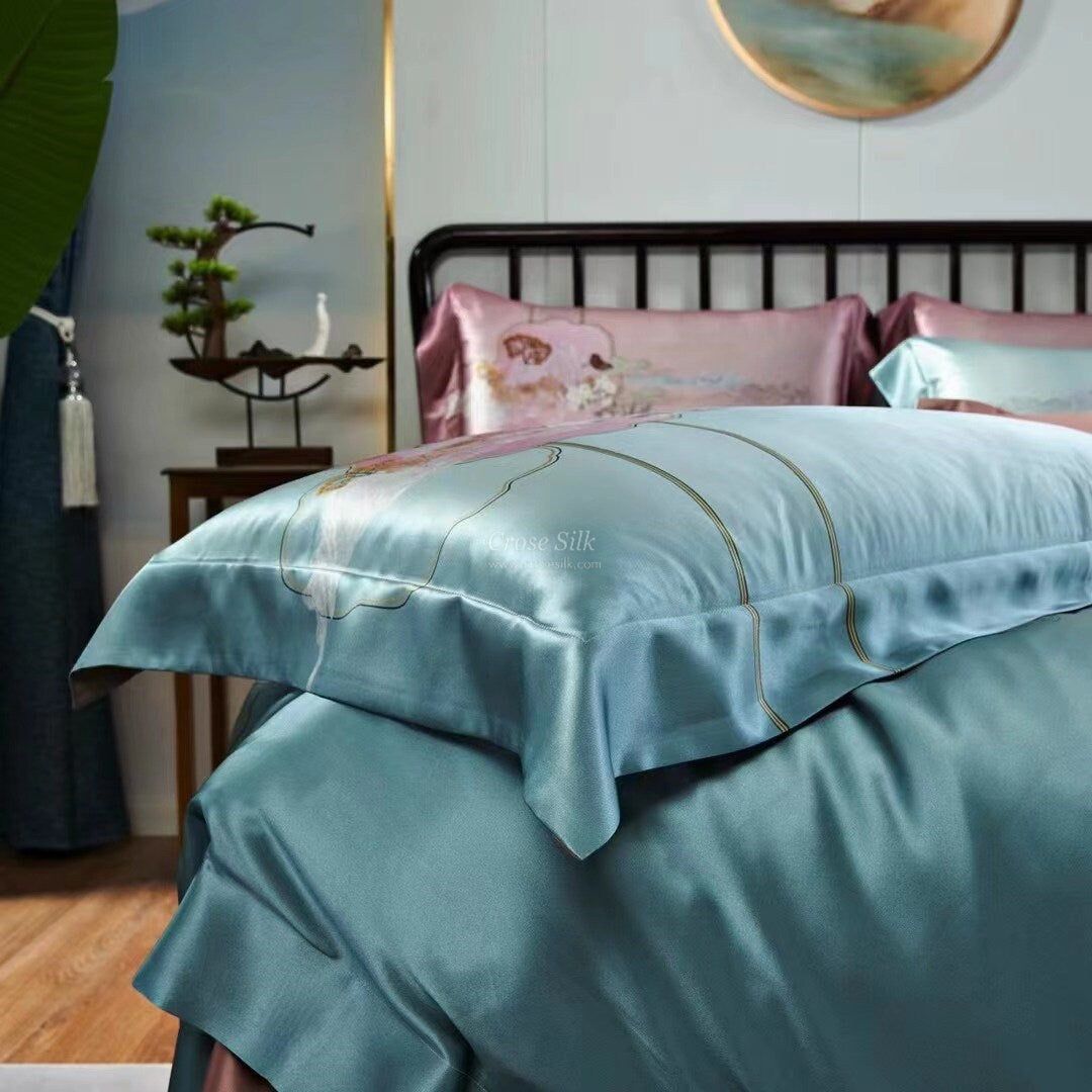 SCENERY BLUE - 25 Momme Mulberry Silk Bedding,Silk Duvet Cover, Silk Fitted Sheet, Silk Flat Sheet, Silk Pillowcase, 100% SILK