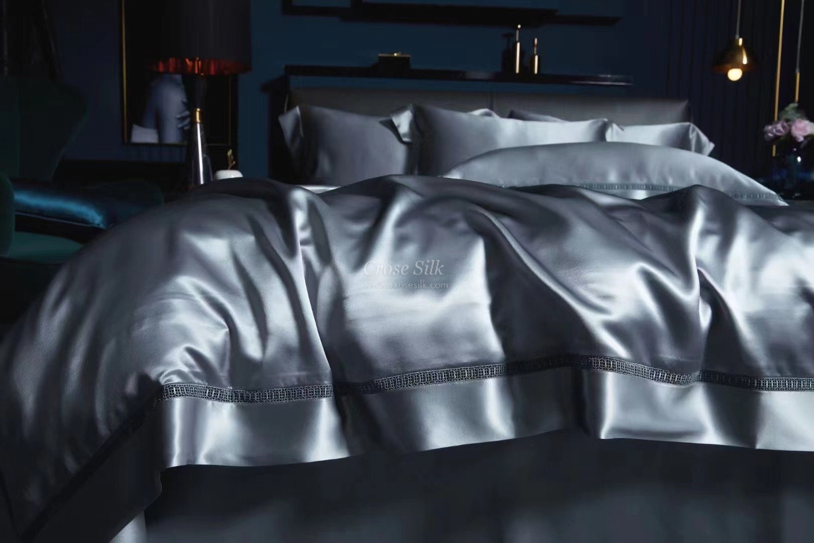 GRAY BLUE- 30 momme Lace Silk bedding Set 4pcs - 1x Duvet Cover, 1x Sheet, 2x Pillowcases, 100% SILK