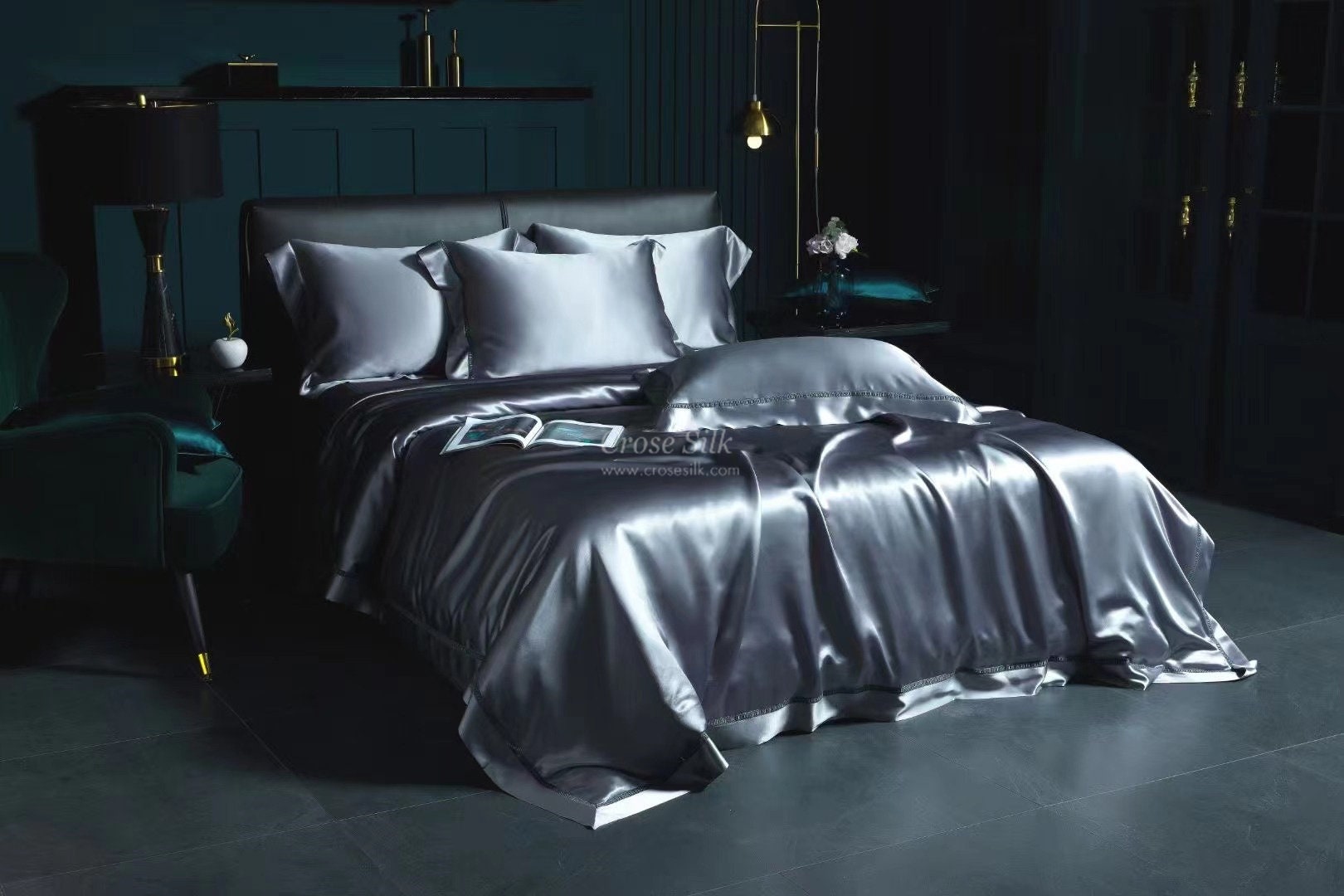 GRAY BLUE- 30 momme Lace Silk bedding Set 4pcs - 1x Duvet Cover, 1x Sheet, 2x Pillowcases, 100% SILK