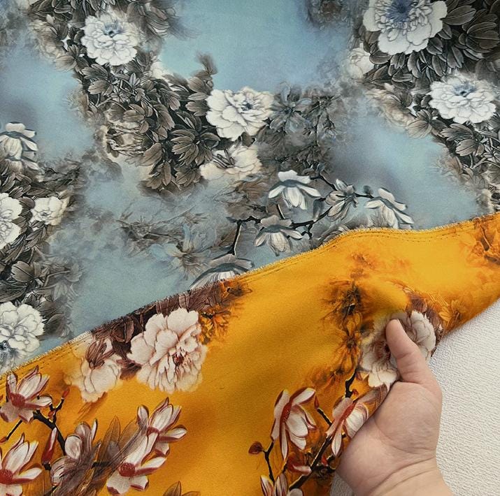 LHMUDSS - 38 Momme Both-sides-printing Peony Heave Georgette Silk Fabric - 138cm by the yard