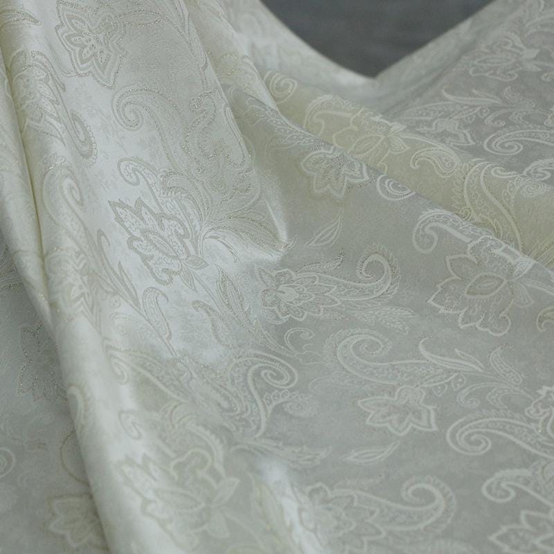 ZHIJIN - Handmade Cashew flower Pattern Jacquard Natural Mulberry Silk Wool Plant Dyed Silk Wool Satin Fabric - 138cm by the Yard