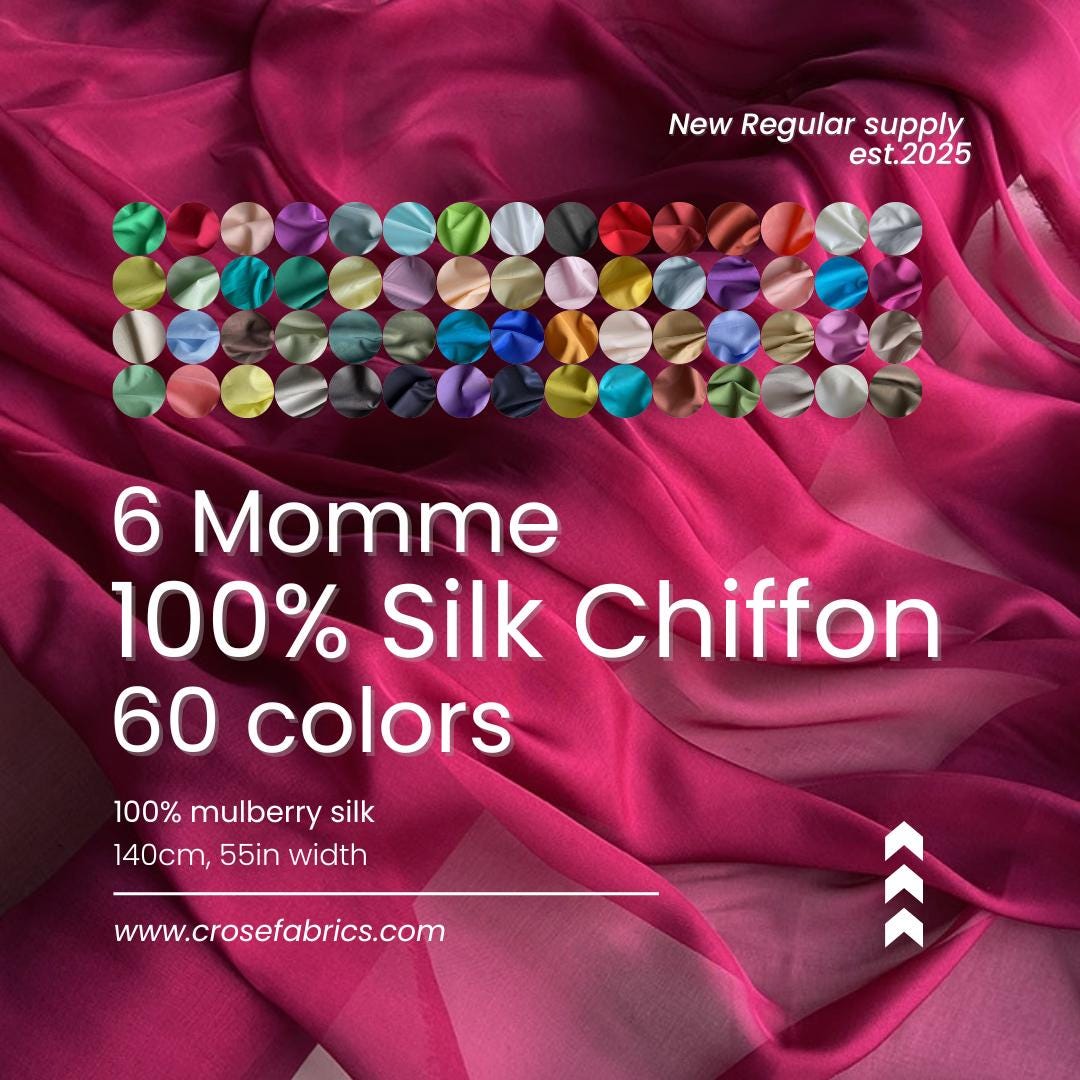 100% Silk Chiffon Fabric, 6 Momme 140cm wide by the Yard, 60 colors regular supply