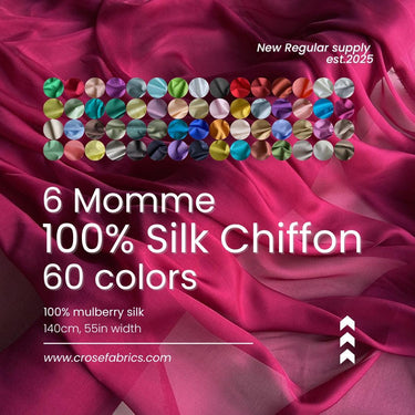 100% Silk Chiffon Fabric, 6 Momme 140cm wide by the Yard, 60 colors regular supply