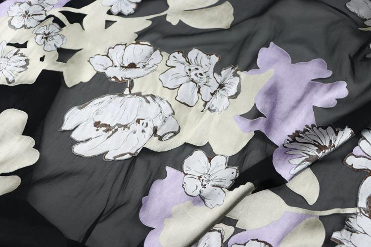 JFHHDHR - Silk Devore Satin Fabric,  16 Momme Black Burnout Big Floral , 130 cm Wide by the Yard