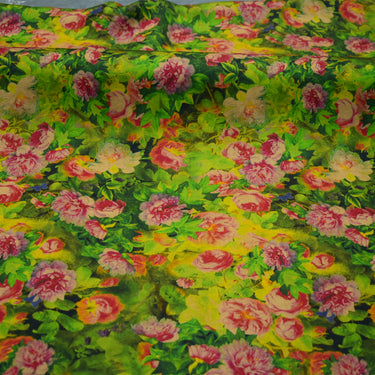 XLLLXH - Handmade 23 Momme Green Flowers Printed Mud Silk Satin Fabric - 110cm By the Yard