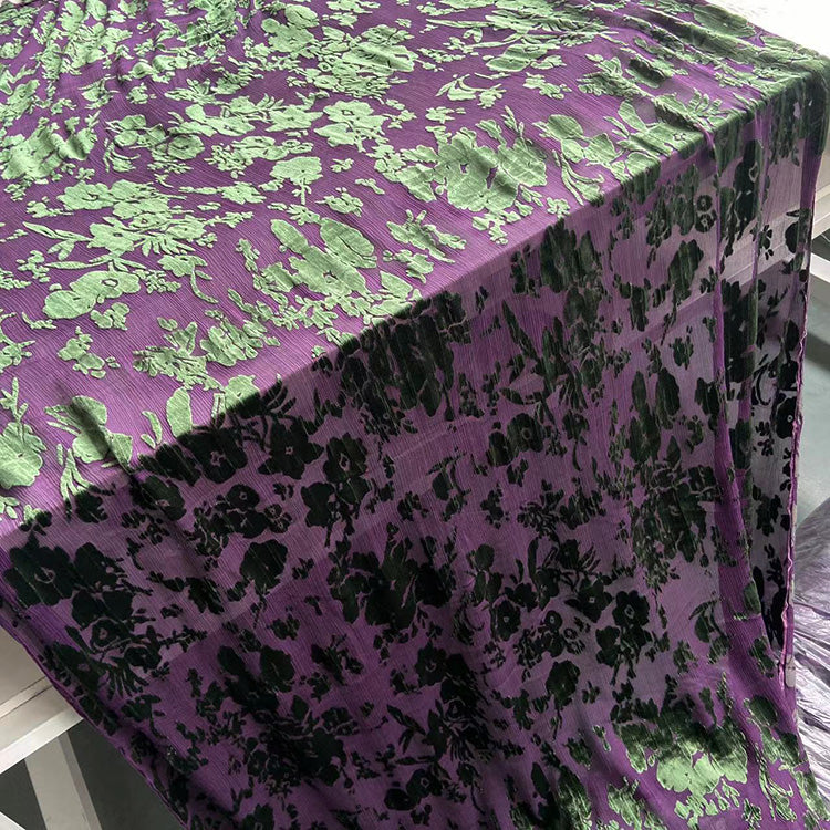 VTOUSH - Purple Base and Green Floral Burnout Pattern Paisley Printing Silk Velvet Fabric - 120cm wide by the Yard