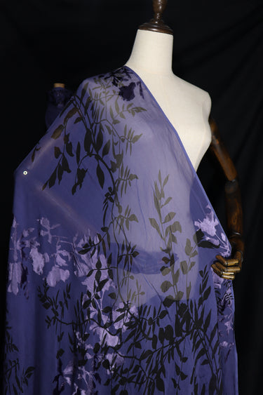 JFHLZT - 9 Momme Navy Blue Branches Sheer Burnout Silk Devore Satin Fabric - 140cm wide by the Yard