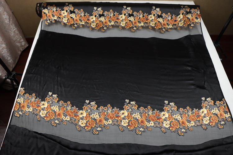 JFHDWJ - 21 Momme Golden Flower Pattern Sheer Burnout Silk Devore Satin Fabric - 114cm wide by the Yard
