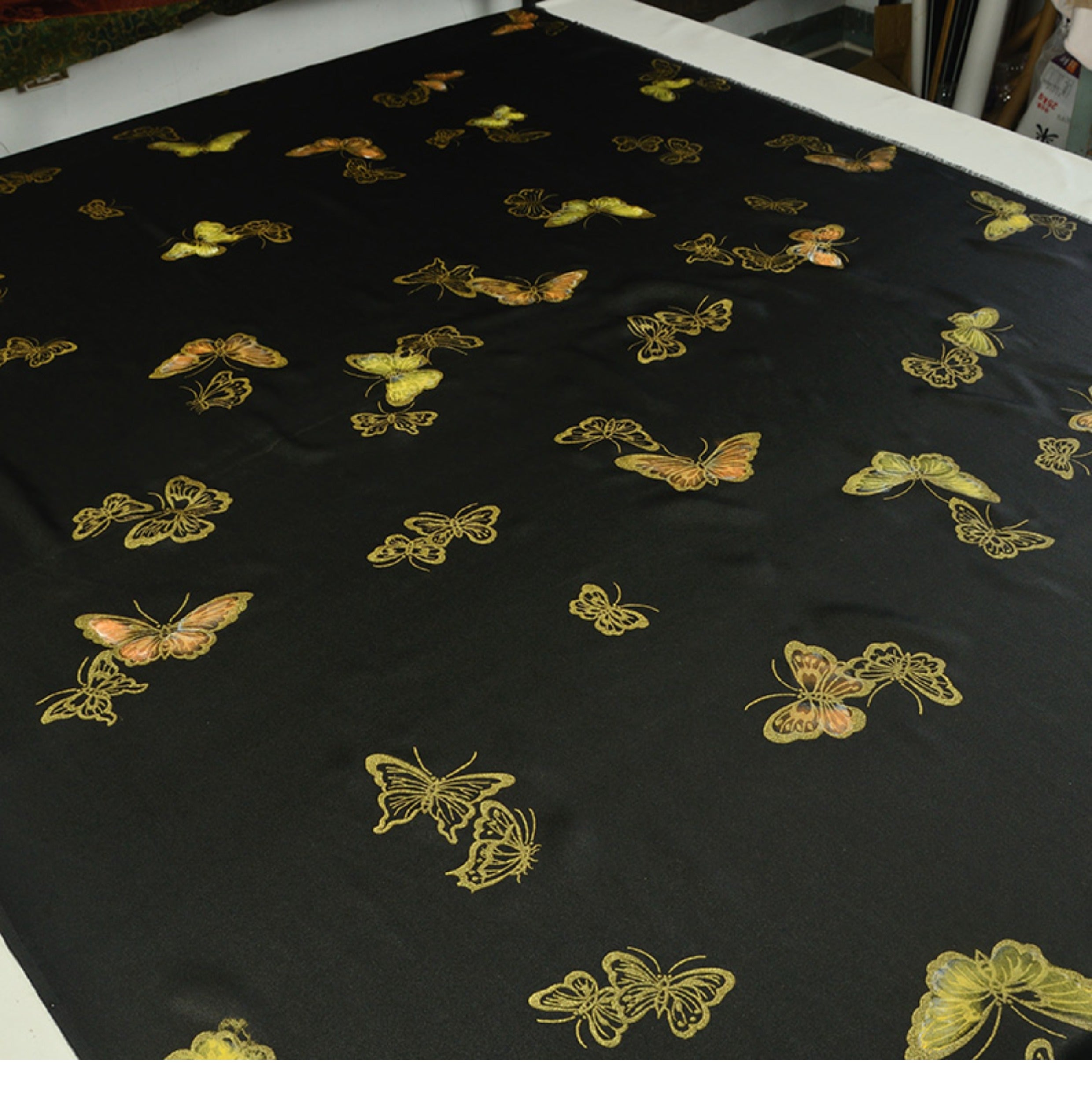 YPABQI - Handmade 40 Momme Double-Faced Heavy Satin with Hand-Drawn Butterfly Motifs Mud Silk Satin Fabric - 112cm By the Yard