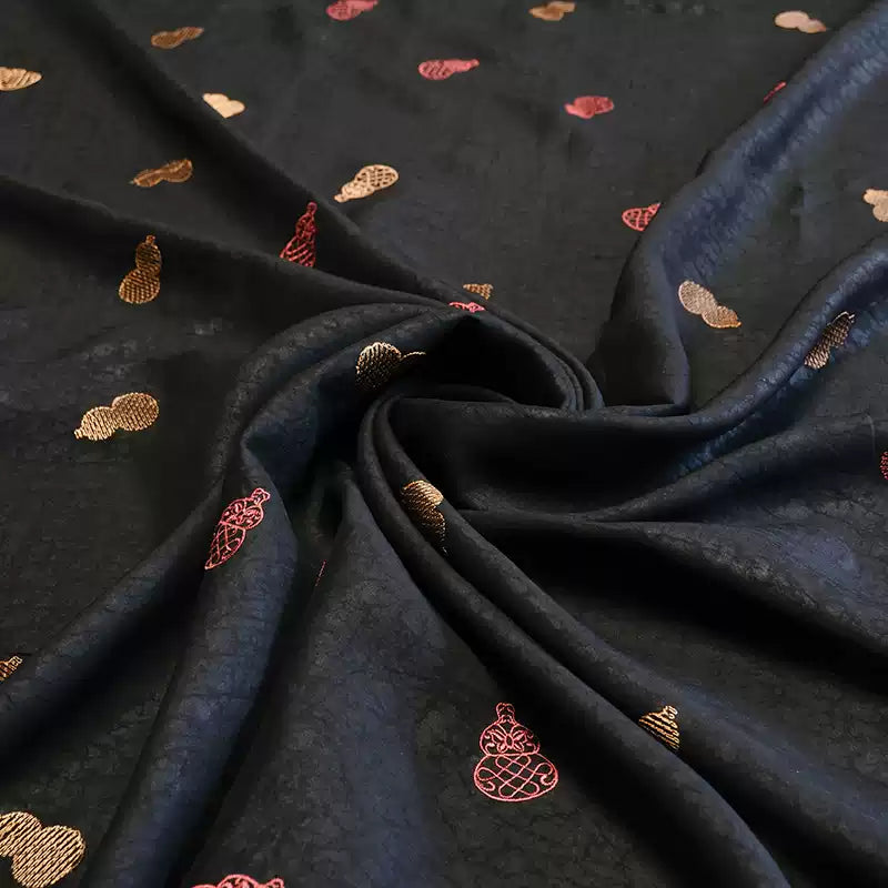 YPBHUL - Handmade 30 Momme Black Crackle-Textured Fabric with Auspicious Gourd EmbroideryMud Silk Satin Fabric - 108cm By the Yard