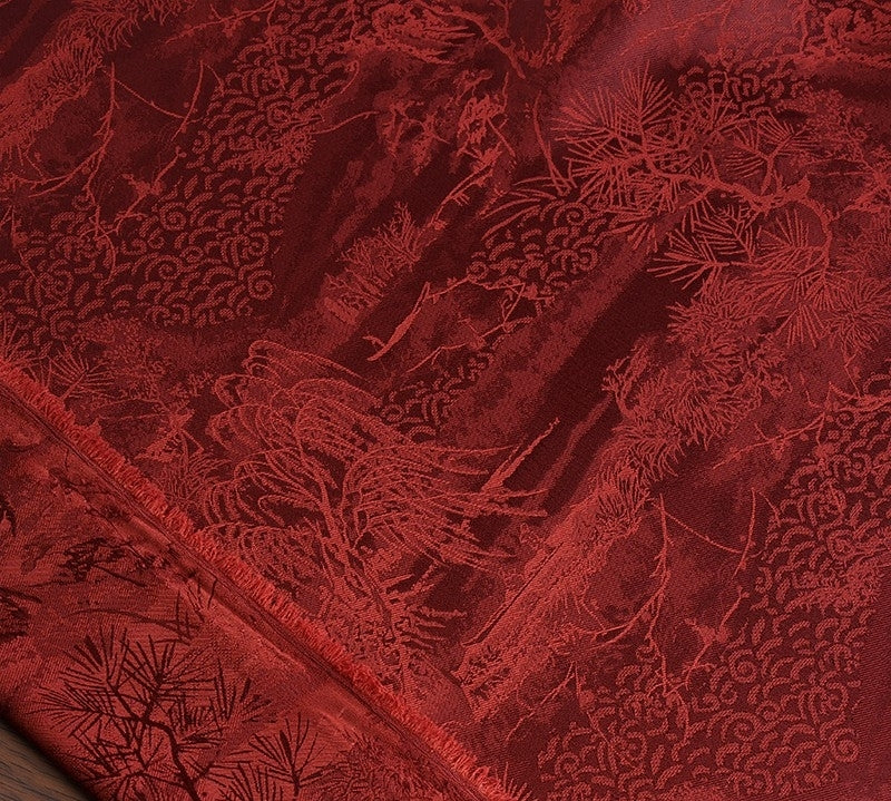 BUSREDS - Imperial Vermilion Landscape and Small Tree Jacquard Satin Polyester Fabric - 152cm by the yard