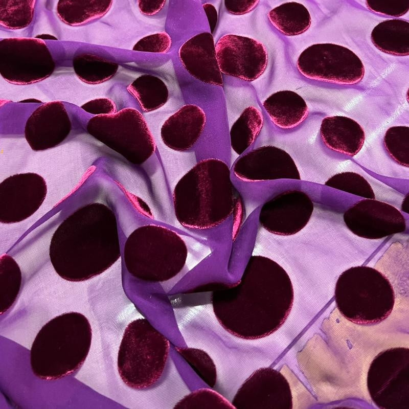 BODIAZ - Hepburn-style Purple Polka Dots Semi-sheer with a Draping Effect Sheer Burnout Silk Velvet Satin Fabric - 120cm wide by the Yard