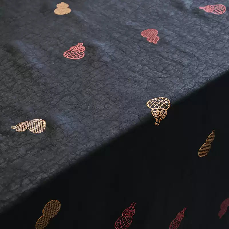 YPBHUL - Handmade 30 Momme Black Crackle-Textured Fabric with Auspicious Gourd EmbroideryMud Silk Satin Fabric - 108cm By the Yard